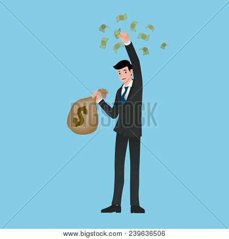 Rich Businessman, Stand And Holding A Money Bag And Bills. Salary, Income, Profit. Successful In Car