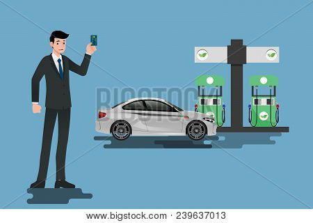 Happy Businessmen Use His Credit Card And Refuel His Car At A Clean And Eco-gas Station.vector Illus