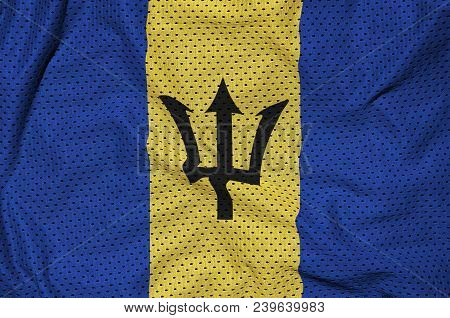 Barbados Flag Printed On A Polyester Nylon Sportswear Mesh Fabric With Some Folds