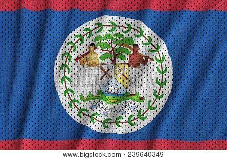 Belize Flag Printed On A Polyester Nylon Sportswear Mesh Fabric With Some Folds