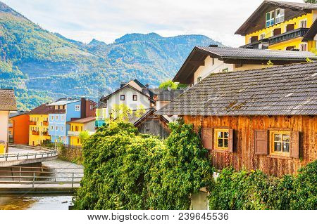 Scenic Canal With Traditional Austrian Architecture In Ebensee Village, Alps Mountains, Austria