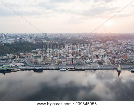 Aerial top view of Dnepr river and Podol district from above, Kiev (Kyiv) city, Ukraine