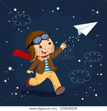 Vector Illustration Of Little Boy Wearing Helmet And Dreams Of Becoming An Aviator While Flying A Pa