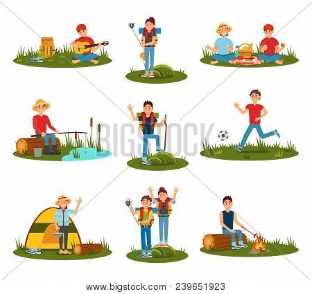 Summer Outdoor Activities. Kid Playing Football, Man Cooking Sausages On Campfire, Couple On Picnic,
