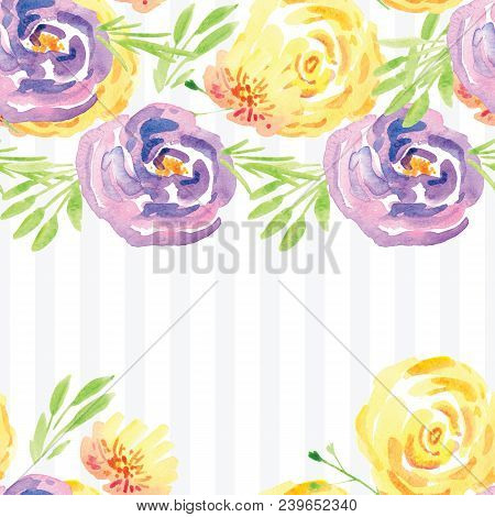 Hand-painted Watercolor Floral Rose Pattern. Illustration Of Decorative Floral Design For Wedding In