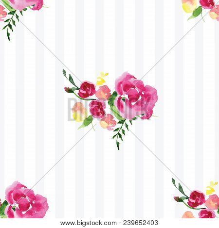 Hand-painted Watercolor Floral Rose Pattern. Illustration Of Decorative Floral Design For Wedding In