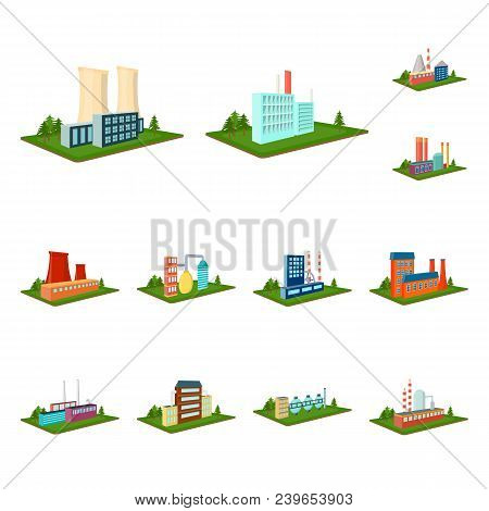 Factory And Plant Cartoon Icons In Set Collection For Design. Production And Enterprise Vector Isome