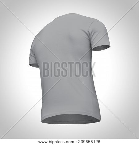 Blank Template Men Grey T Shirt Short Sleeve, Back View Bottom-up Half Turn, Isolated On Gray Backgr