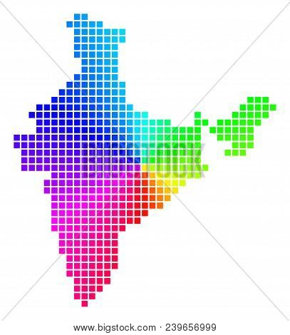 Spectral India Map. Vector Pixelated Geographic Map In Bright Spectral Colors With Circular Gradient