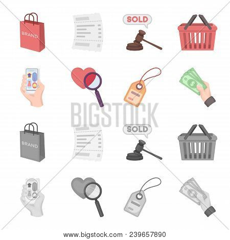 Hand, Mobile Phone, Online Store And Other Equipment. E Commerce Set Collection Icons In Cartoon, Mo