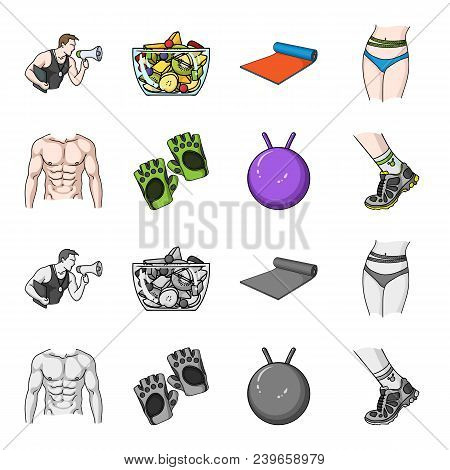 Men Torso, Gymnastic Gloves, Jumping Ball, Sneakers. Fitnes Set Collection Icons In Cartoon, Monochr