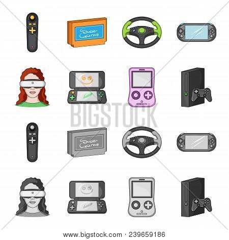 Game Console And Virtual Reality Cartoon, Monochrome Icons In Set Collection For Design.game Gadgets