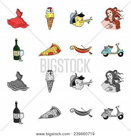 A Bottle Of Wine, A Piece Of Pizza, A Gundola, A Scooter. Italy Set Collection Icons In Cartoon, Mon