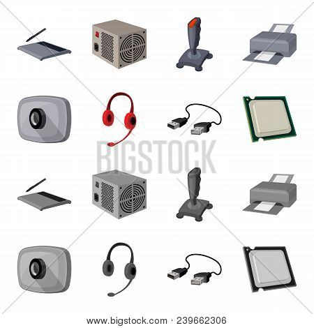 Webcam, Headphones, Usb Cable, Processor. Personal Computer Set Collection Icons In Cartoon, Monochr