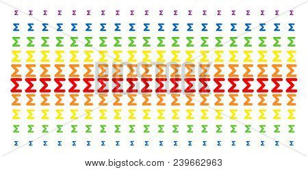 Sum Icon Spectral Halftone Pattern. Vector Shapes Arranged Into Halftone Array With Vertical Spectru