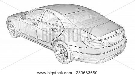 Three-dimensional, Transparent Illustration With Contour Lines Of Mercedes Benz Cls Coupe. 3d Render