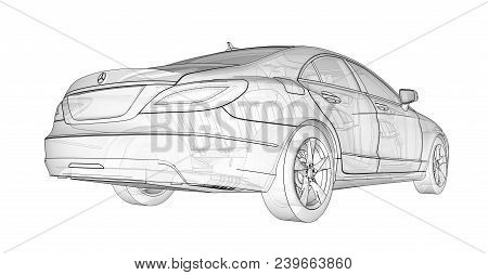 Three-dimensional, Transparent Illustration With Contour Lines Of Mercedes Benz Cls Coupe. 3d Render