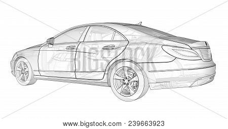 Three-dimensional, Transparent Illustration With Contour Lines Of Mercedes Benz Cls Coupe. 3d Render