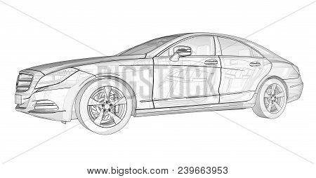 Three-dimensional, Transparent Illustration With Contour Lines Of Mercedes Benz Cls Coupe. 3d Render
