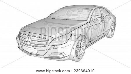 Three-dimensional, Transparent Illustration With Contour Lines Of Mercedes Benz Cls Coupe. 3d Render