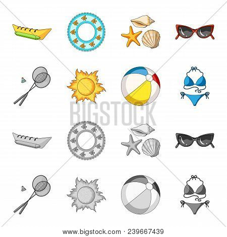 A Game Of Badminton, A Ball And The Sun.summer Vacation Set Collection Icons In Cartoon, Monochrome 