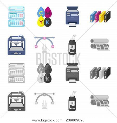 3d Printer, Newspaper Printer, Ink, Pen. Typography Set Collection Icons In Cartoon, Monochrome Styl