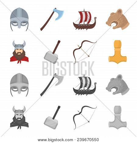 Viking In Helmet With Horns, Mace, Bow With Arrow, Treasure. Vikings Set Collection Icons In Cartoon