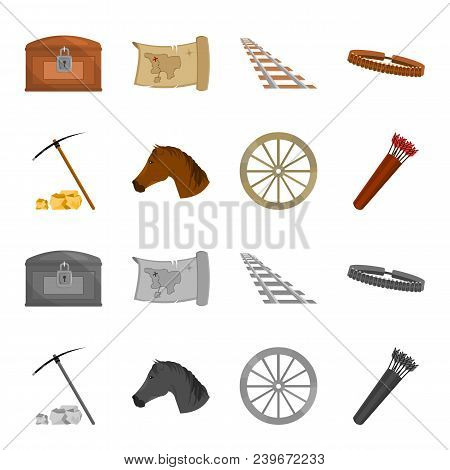 Pickax Hoe, Horse Head, Wheel Cart, Quiver With Arrows.wild West Set Collection Icons In Cartoon, Mo