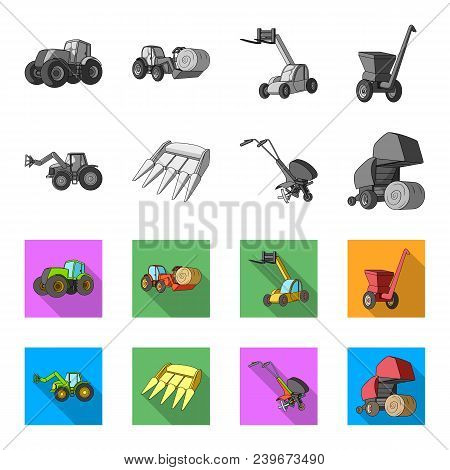 Motoblock And Other Agricultural Devices. Agricultural Machinery Set Collection Icons In Monochrome,