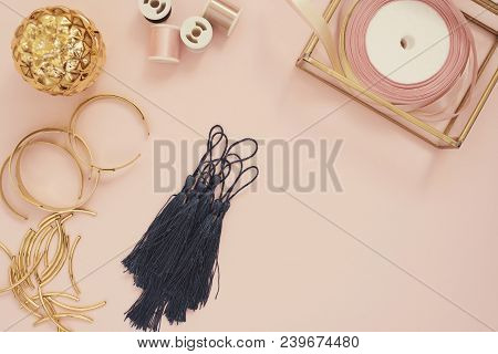 Jewelry Designer Workplace. Handmade, Craft Concept. Materials For Making Jewelry ? Golden Scissors,