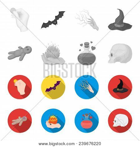 A Voodoo Doll, A Magical Fire, A Love Potion, A Skull.black And White Magic Set Collection Icons In 