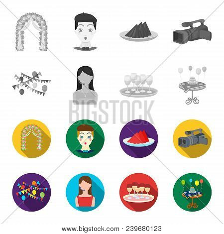 Garland With Flags And Balls, Leading Celebration With A Microphone, A Tray With Glasses With Champa