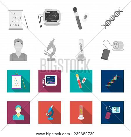 Plant In Vitro, Nurse, Microscope, Tonometer. Medicine Set Collection Icons In Monochrome, Flat Styl