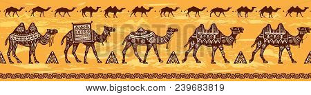 Border With Camel Caravan And Ethnic Motifs Pattern Vector Brush Seamless Pattern