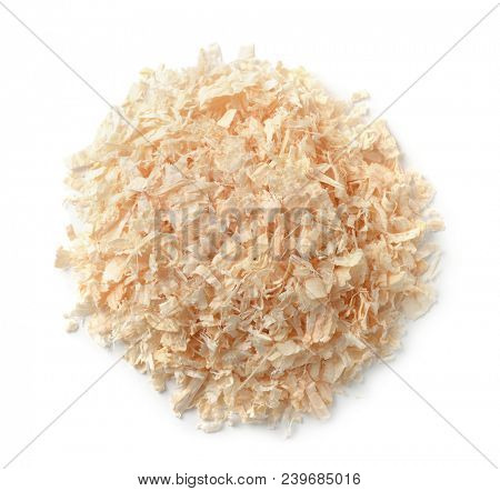 Pile of wood sawdust isolated on white. Top view.