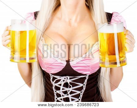 Oktoberfest Woman With Big Breast Holds Two Mugs