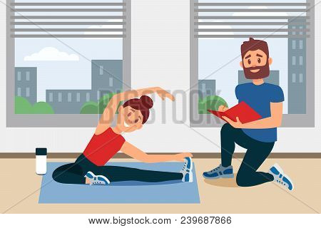 Young Girl Doing Exercise Sitting On Floor. Coach Writing Notes In Folder. Fitness Gym Interior With