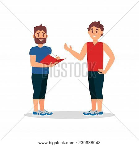 Man Talking With Personal Coach In Gym. Fitness Instructor Writing Training Plan For Young Guy. Cart