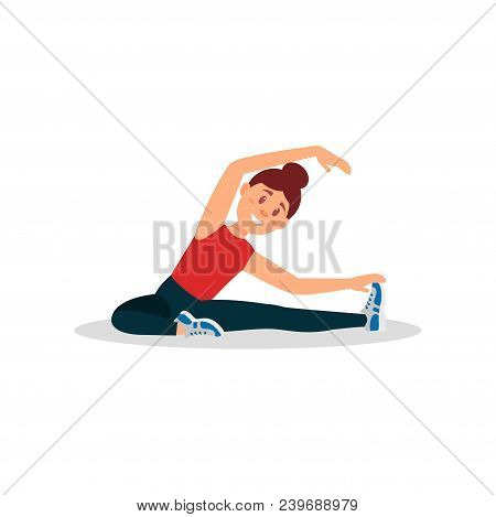 Young Girl Warming Up And Stretching Before Training. Smiling Woman Doing Exercise Sitting On Floor.