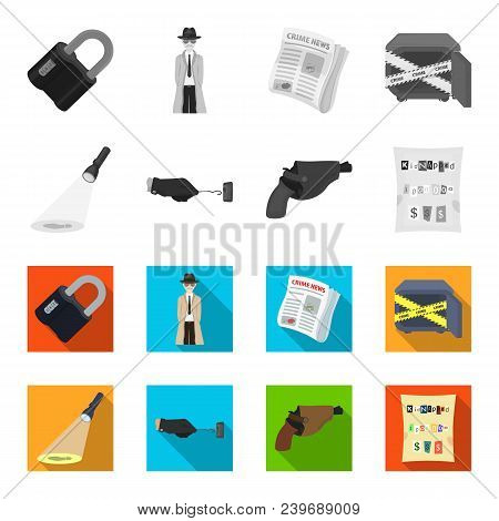 The Detective Flashlight Illuminates The Footprint, The Criminal Hand With The Master Key, A Pistol 