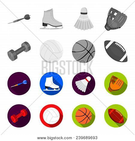 Blue Dumbbell, White Soccer Ball, Basketball, Rugby Ball. Sport Set Collection Icons In Monochrome, 