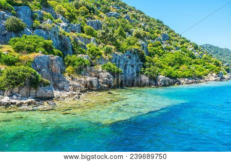 The Trip Along The Coastline Of Kekova Island With A View On Ruins Of The Sunken City, Turkey.