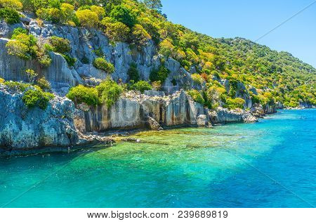 The Boat Trip Around Kekova Island With A View On Ruins Of Ancient Lycian Settlement, Turkey.