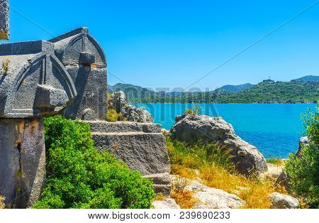 Archaeological Site Of The Ancient Lycian Necropolis With Sarcophagi On Rocky Coast Of Ucagiz Villag