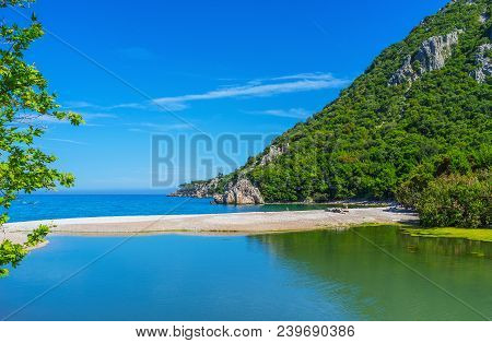 The Idillyc Sand Beach At The Place Of Estuary Of Olympos Stream, Running From The Narrow Valley Of 