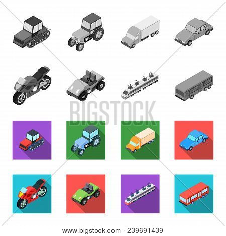 Motorcycle, Golf Cart, Train, Bus. Transport Set Collection Icons In Monochrome, Flat Style Vector S