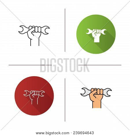 Hand Holding Wrench Icon. Flat Design, Linear And Color Styles. Double Open Ended Spanner. Isolated 