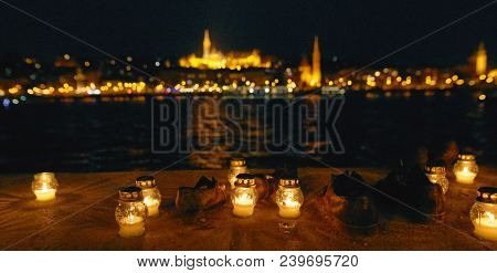 Budapest, Hungary - 17 April 2018: Shoes On The Embankment Of The Danube - A Monument At Night.