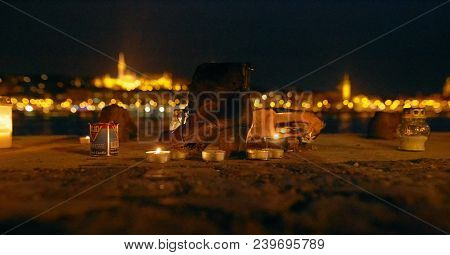 Budapest, Hungary - 17 April 2018: Shoes On The Embankment Of The Danube - A Monument At Night.
