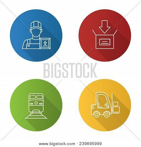 Cargo Shipping Flat Linear Long Shadow Icons Set. Delivery Service. Loader Man, Parcel Packing, Trai
